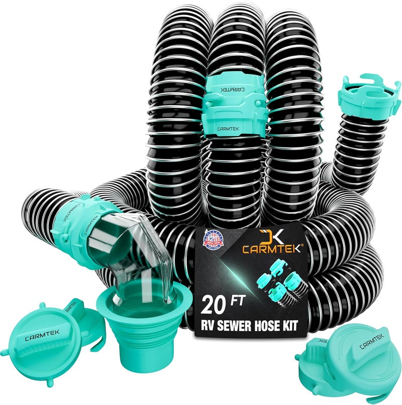 CARMTEK RV Sewer Hose Kit, 20 Ft, with Smart Adapter, Clear Elbow and Caps - Image 1